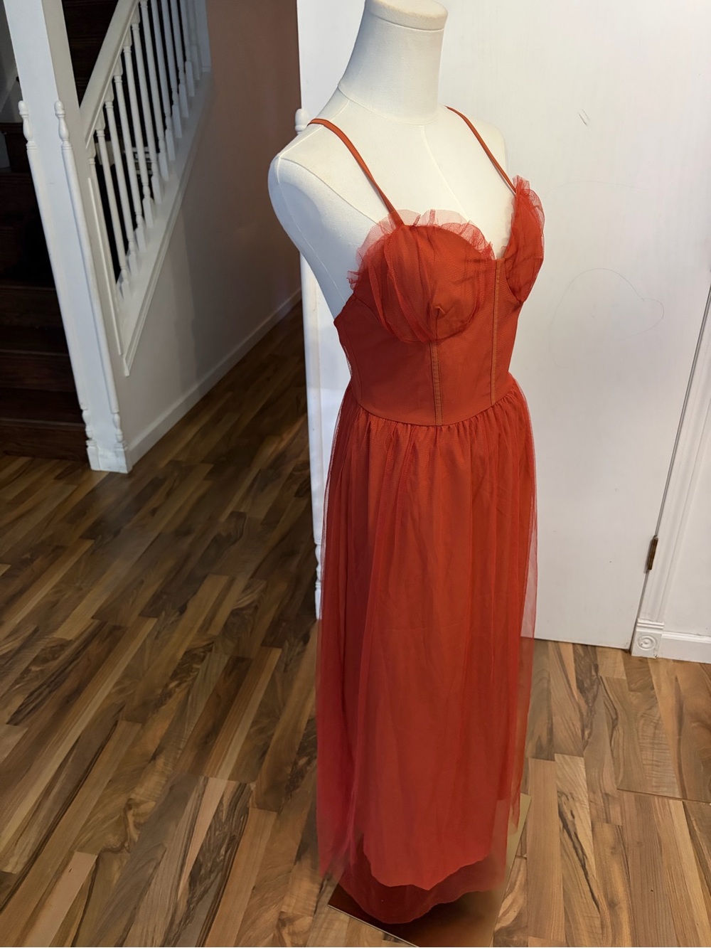 Rust Red Orange Tulle Maxi Dress with Ruffles Corset Bodice, Medium, NWOT
